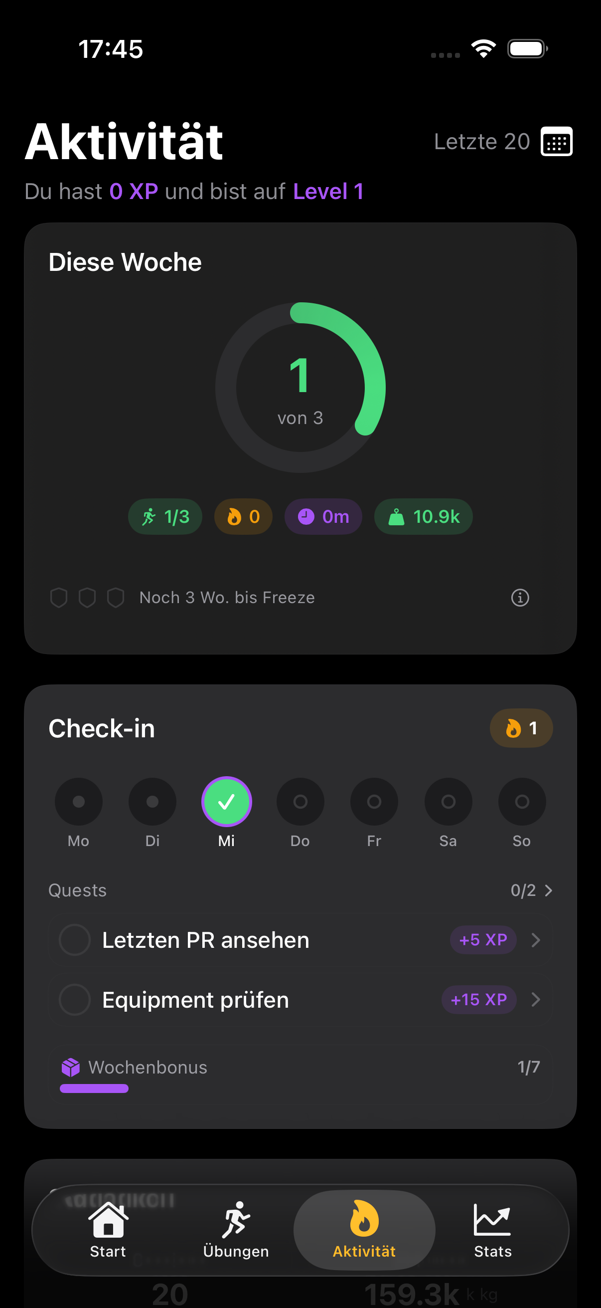 GymBo Aktivität mit Wochenziel und Check-in